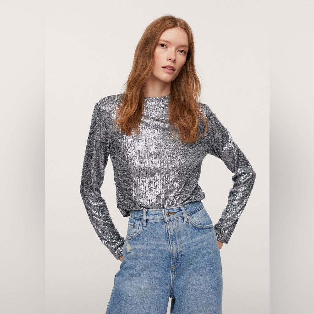 🪩Mango Silver Sequin Top Women’s Large